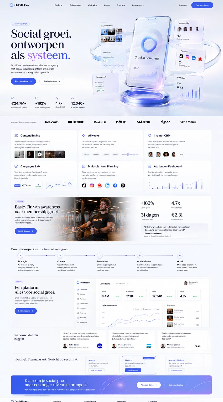 Webdesign voor OrbitFlow social growth platform met dashboardmodules
